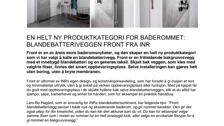 En helt ny produktkategori for baderommet: Blandebatteriveggen Front fra INR