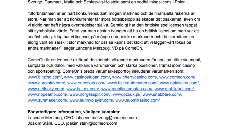 ComeOn lämnar den brittiska marknaden