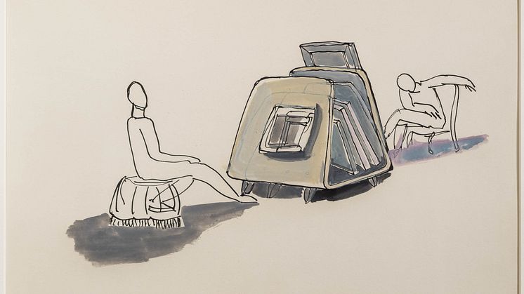 Frederick Kiesler, Studie för presentationsenhet för Painting-Library, 1942. Teckning, indiabläck och gouache på papper