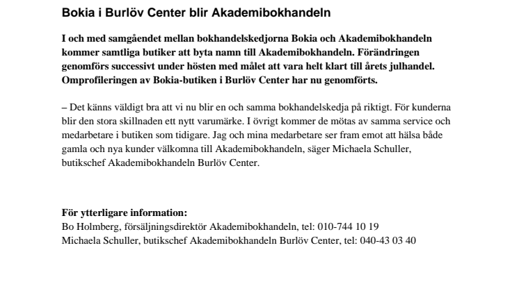 Bokia i Burlöv Center blir Akademibokhandeln 