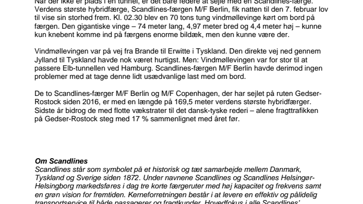 Scandlines-færge transporterede gigantisk vindmøllevinge