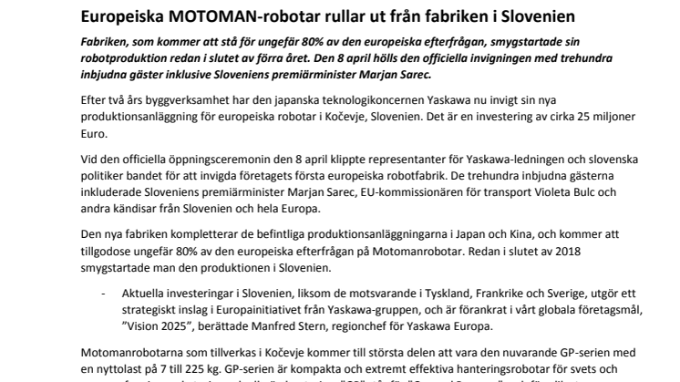 Europeiska MOTOMAN-robotar rullar ut från fabriken i Slovenien