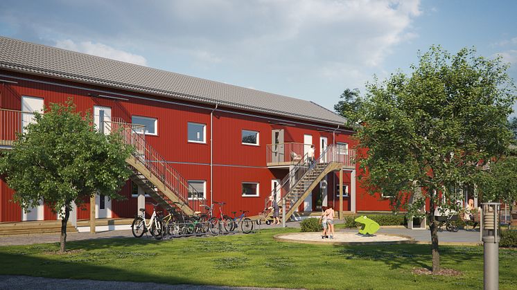Illustration av entrésida med gemensam grönyta och lekplats, BoKlok Mellstagården i Borlänge. 
