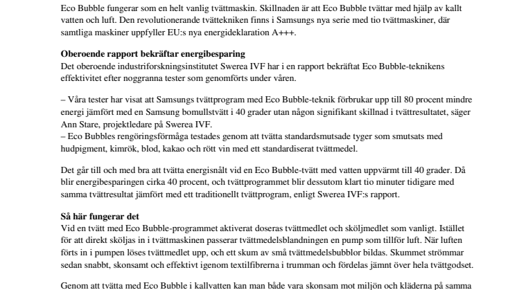 Tvätt med Eco Bubble sparar 70 procent energi