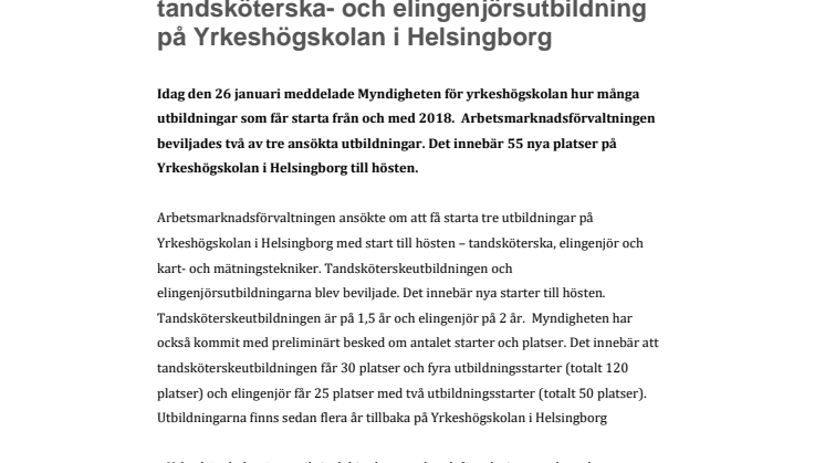 Myndigheten för yrkeshögskolan beviljar tandsköterska- och elingenjörsutbildning på Yrkeshögskolan i Helsingborg