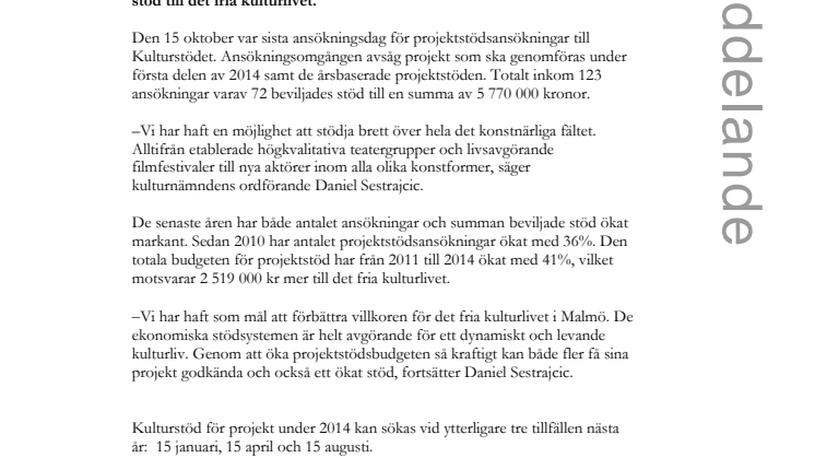 Ökat stöd till det fria kulturlivet 2014
