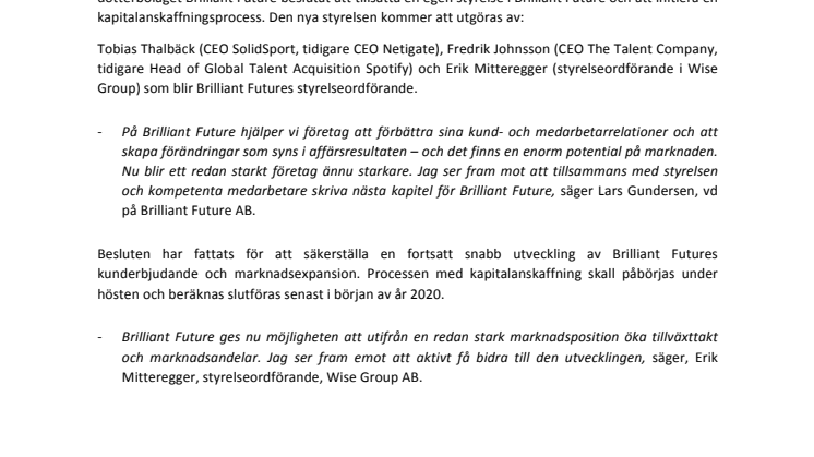 Wise Group AB (publ) tillsätter ny styrelse i Brilliant Future