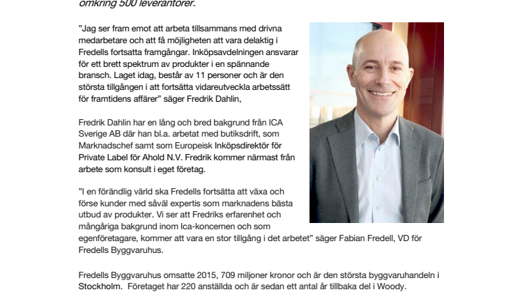 Fredrik Dahlin ny Inköps- och sortimentschef för Fredells Byggvaruhus 