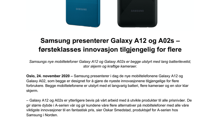 Samsung presenterer Galaxy A12 og A02s – førsteklasses innovasjon tilgjengelig for flere