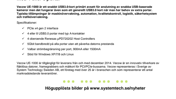 Vecow UE-1000 – ett USB3.0 interface för snabba kameror med 4 eller 8 portar
