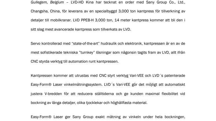 LVD fick order på 3000 ton kantpress i KINA
