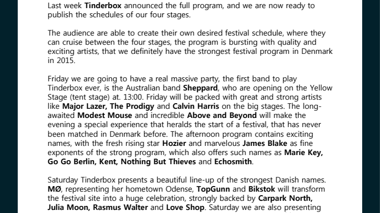 ​  TINDERBOX ANNOUNCES FULL SCHEDULE OF THE FESTIVAL.