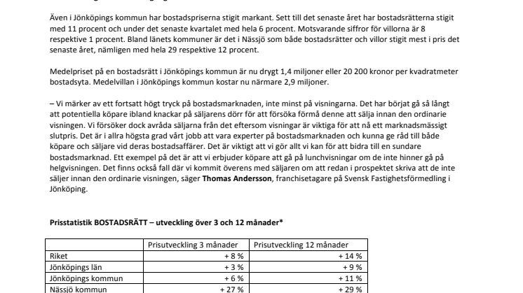 Bostadspriserna i Jönköping på stadig uppgång