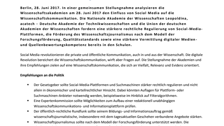 Akademien empfehlen Regulierung von Social Media, Qualitätsstandards und Journalismus-Förderung