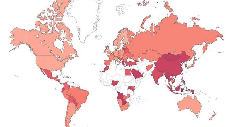 Kartan visar ett globalt riskindex över riskområden för skadlig kod runtom i världen