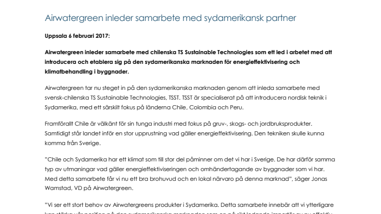 Airwatergreen inleder samarbete med sydamerikansk partner