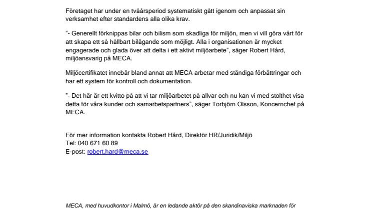 MECA miljöcertifierade enligt ISO 14001