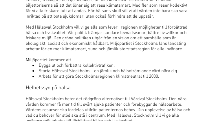 Valmanifest Miljöpartiet Stockholms läns landsting