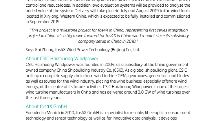 Great success on the Chinese wind market: fos4X wins CSIC Haizhuang Windpower as its newest customer 