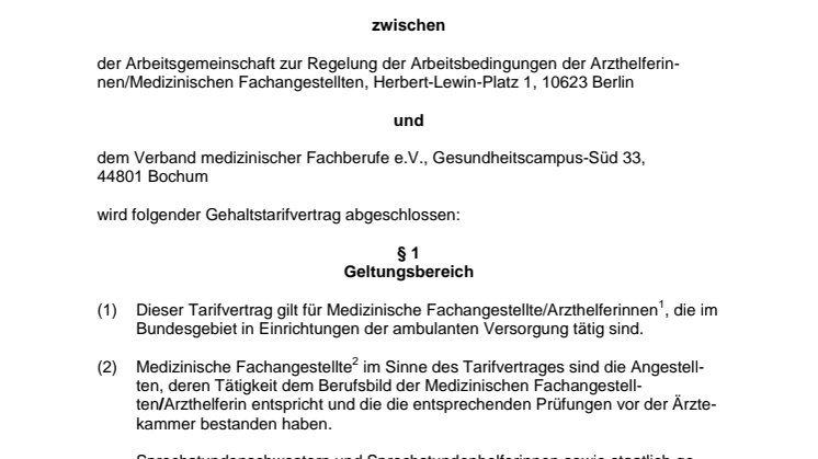 Gehaltstarifvertrag für medizinische Fachangestellte/ArzthelferInnen gültig ab 01.04.2017