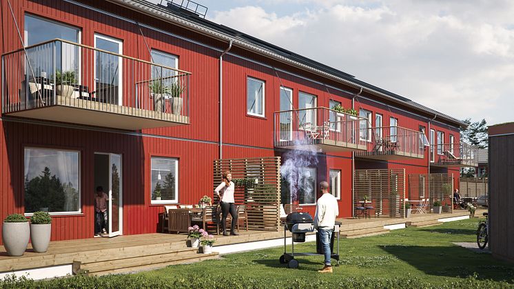 Illustration av trädgårdssida med balkonger & altaner, BoKlok Mellstagården, Borlänge. 