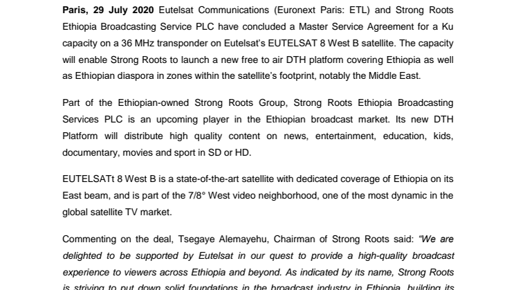 EUTELSAT 8 West B selected by Strong Roots for new DTH platform in Ethiopia and the Middle East 