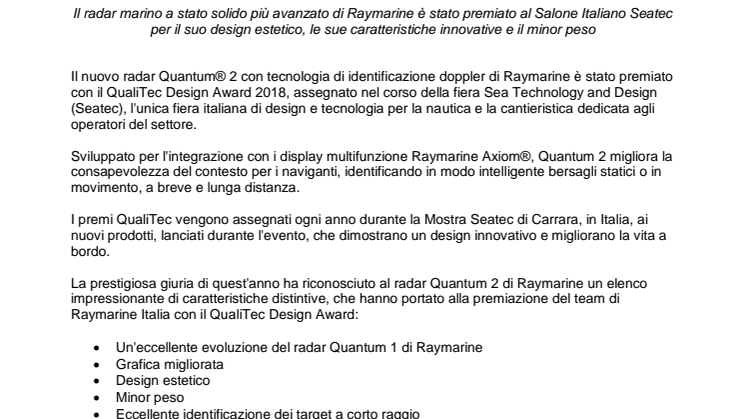 Raymarine: Quantum® 2 vincitore del QualiTec Design Award 2018 