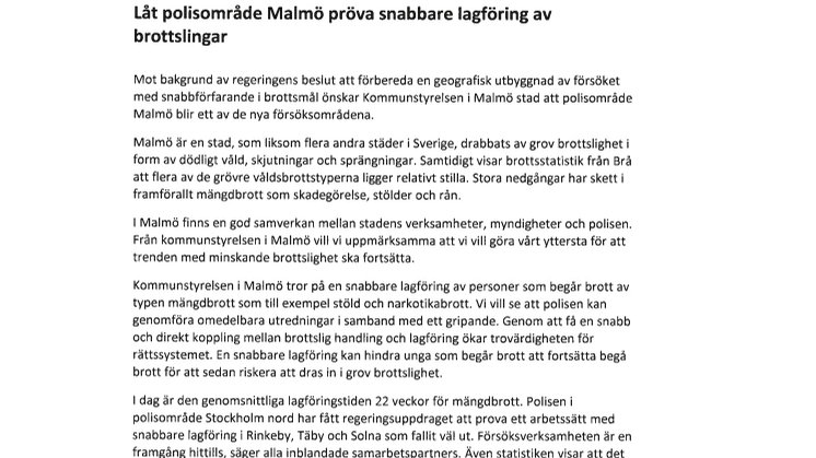 Brev från Kommunstyrelsen i Malmö om snabbare lagföring 