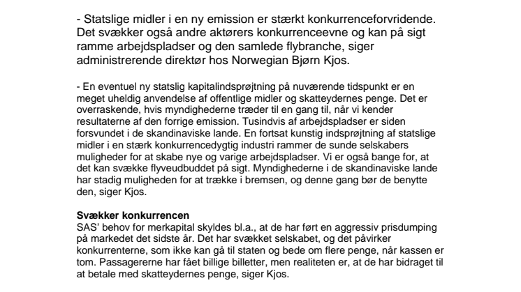 Den varslede SAS-emission vil være stærkt konkurrenceforvridende 