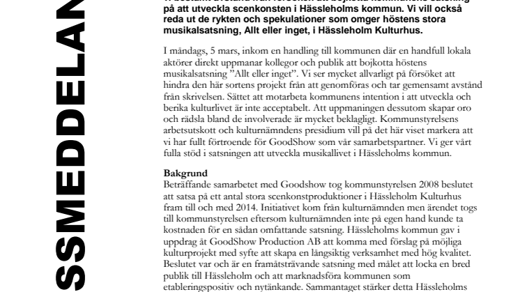 Öppet brev: kommunstyrelsen och kulturnämnden ger musikalsatsningen sitt fulla stöd