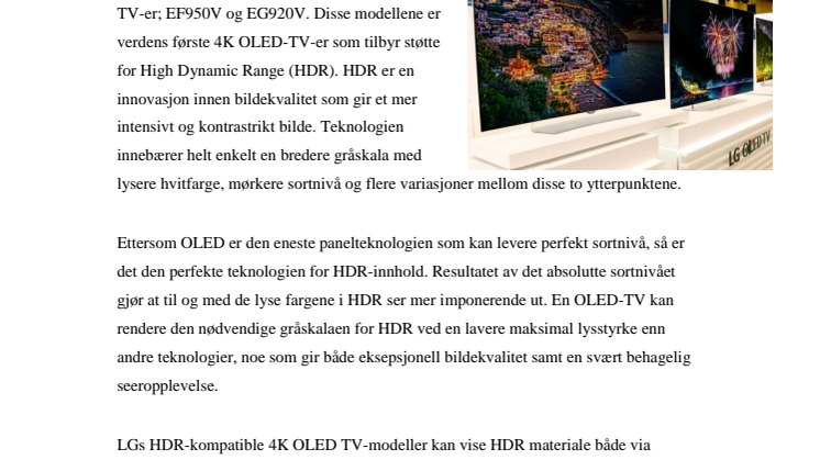 LG LANSERER VERDENS FØRSTE 4K OLED-TV MED STØTTE FOR HIGH DYNAMIC RANGE (HDR)