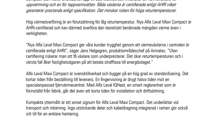 Armatec presenterar ny fjärrvärmecentral från Alfa Laval 