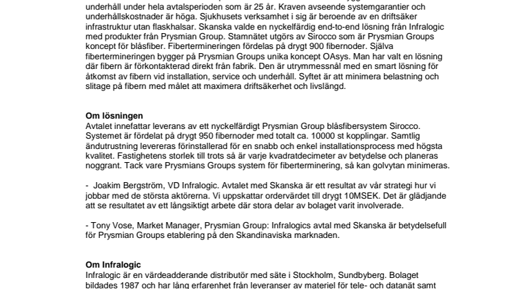 Skanska valde Prysmian Group fibersystem från Infralogic till Nya Karolinska Solna.