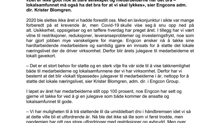 Engcon støtter lokalt i julen  – medarbeiderne får julegaver som støtter lokalsamfunnet 
