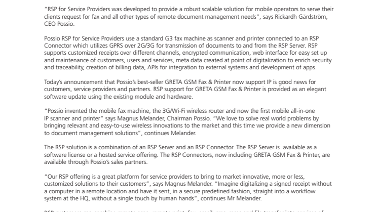 Possio announce IP support for GRETA GSM Fax & Printer