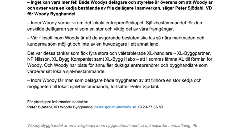 Woody avfärdar ryktena om  samarbete med XL-Bygg/Bolist