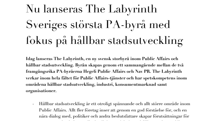 Nu lanseras The Labyrinth – Sveriges största PA-byrå med fokus på hållbar stadsutveckling