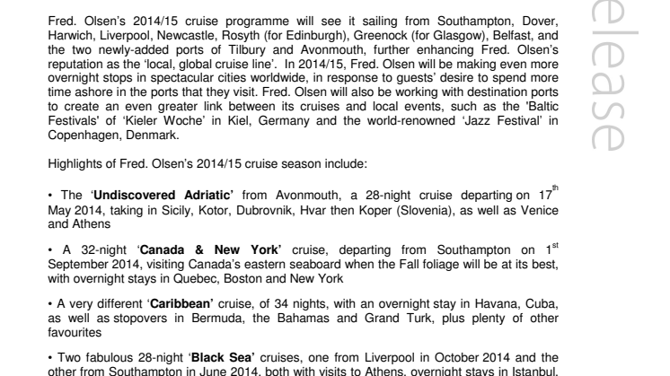 Fred. Olsen Cruise Lines unveils its ‘Worldwide Cruises 2014/15’ brochure to 246 destinations in 85 countries
