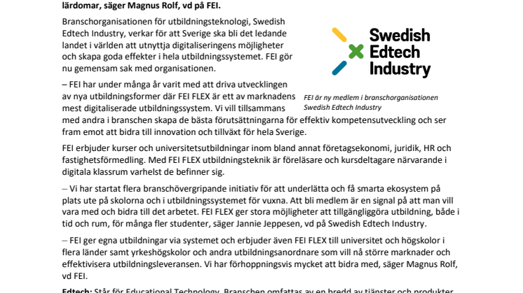 FEI ny medlem i Swedish Edtech Industry
