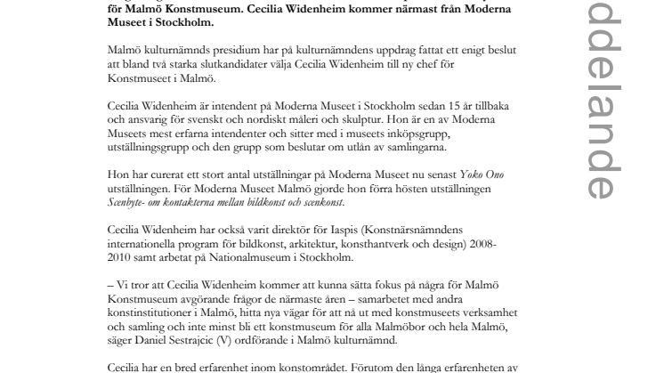 Cecilia Widenheim ny chef för Malmö Konstmuseum