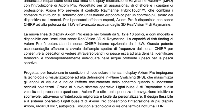 Raymarine: FLIR Systems annuncia gli avanzati display multifunzione Axiom Pro Raymarine