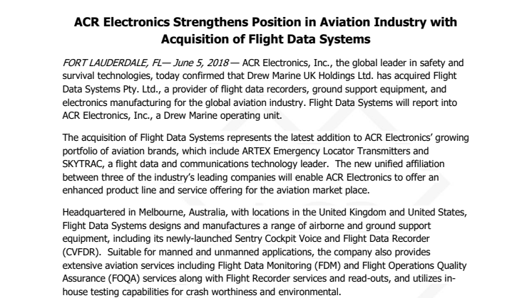 ACR Electronics Strengthens Position in Aviation Industry with Acquisition of Flight Data Systems
