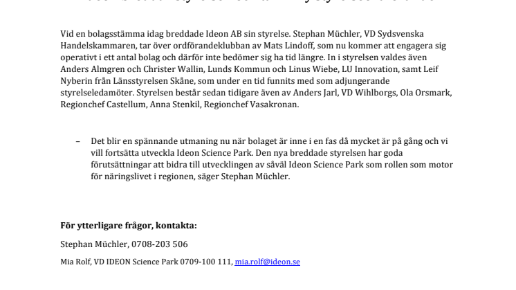Ideon breddar styrelsen och tar in ny styrelseordförande