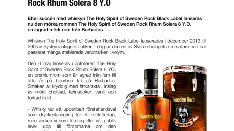 Sweden Rock lanserar The Holy Spirit of Sweden Rock Rhum Solera 8 Y.O