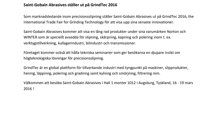 Saint-Gobain Abrasives ställer ut på GrindTec 2016