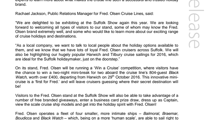 Fred. Olsen Cruise Lines to exhibit at the Suffolk Show, Wednesday 27th and Thursday 28th May 2015 – visit us on Stand 416!