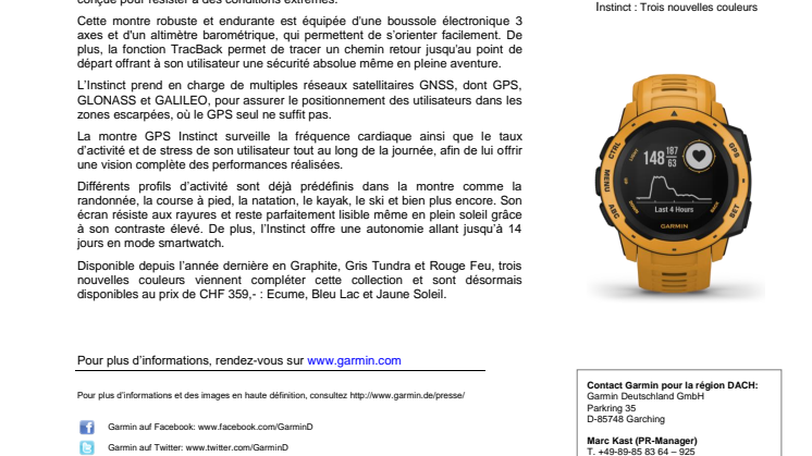 Garmin annonce trois nouvelles couleurs pour la montre GPS outdoor Instinct. 