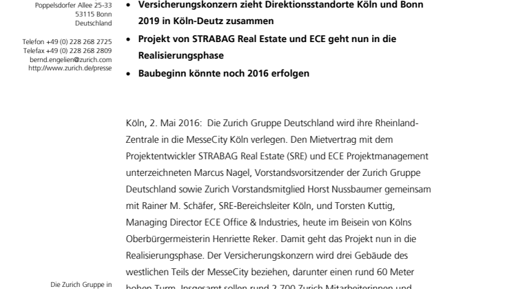 Zurich unterzeichnet Mietvertrag für Neubau in Köln-Deutz
