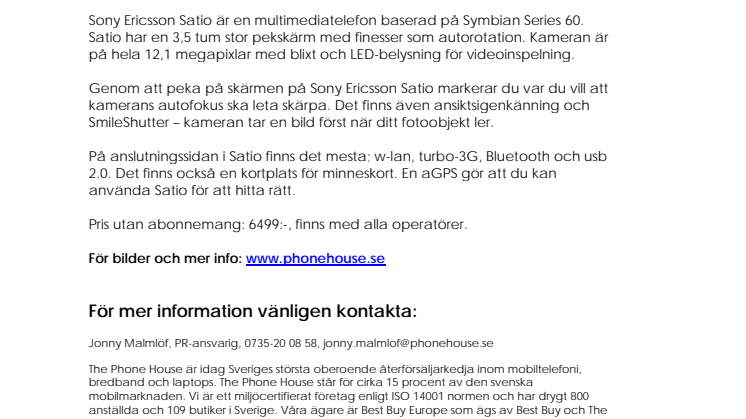 Nu finns Sony Ericsson Satio hos The Phone House