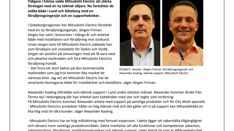 Mitsubishi Electric stärker upp organisationen med två nya medarbetare